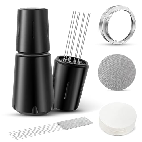 WDT Espresso Distribution Tool, 8x0.35mm Needles Espresso Stirrer with Aluminum Alloy Handle, Stand and 10 Extra Needles, 61mm Espresso Accessories Kit with Dosing Funnel, Puck Screen, Filter Paper