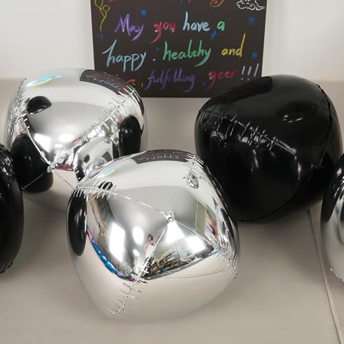 Image of Black Silver Round Foil Balloons Birthday Prom Decor 22 Inch 6 Pcs | Metallic 4D Helium Ball Balloons for Graduation Christmas New Year Eve Disco Party Backdrop Decorations