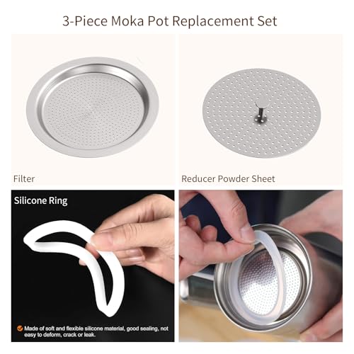 bonVIVO Intenca Spare Parts Kit – 3-Piece Moka Pot Replacement Set (Silicone Gasket, Stainless Steel Strainer & Reduction Filter) for 6-Cup Espresso Maker, Durable Leak-Proof Design - Image 4