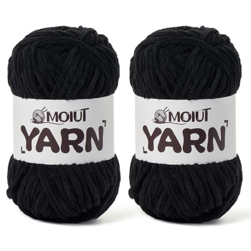 Image of 2 Pack Fluffy Chenille Yarn for Crocheting, Chunky Velvet Yarns for Crochet Amigurumi, Baby Yarn for Crocheting Soft Blanket, 174.9yds /7 oz Bulky Yarns for Crafts /Hats /Shoes /Socks (2 Black)