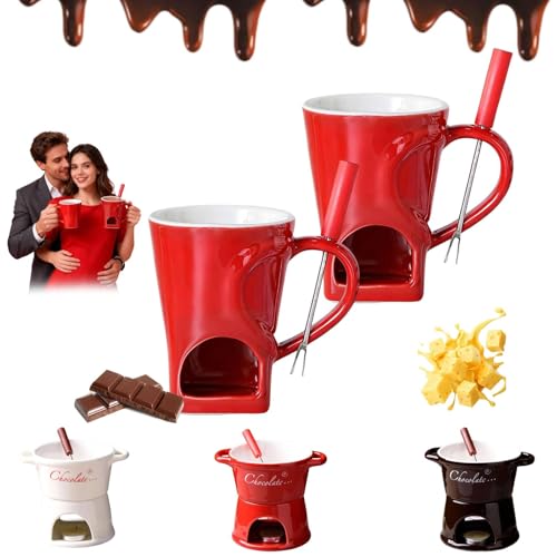 Lot de 2 tasses à fondue au chocolat avec fourchettes, chauffe-beurre en céramique, tasse à fondue chauffée avec bougie chauffe-plat, tasses chauffantes pour bonbons, collation, fête caramel