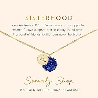 PSS Necklace - Phi Sigma Sigma Blue Druzy Gemstone Necklace With Engraved Pendant – 14K Gold Dipped Jewelry with Dark Blue Gemstone – Sorority Gift, Charm Paraphernalia