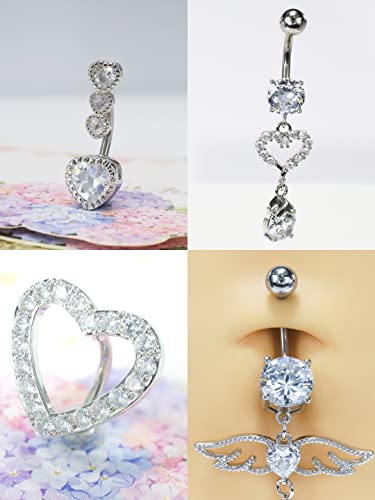 14G Surgical Steel Belly Button Rings Round/Love Heart Clear Cz Navel Curved Barbell Studs Sexy Body Piercing (4Pcs - Steel - Style A) #TOP2