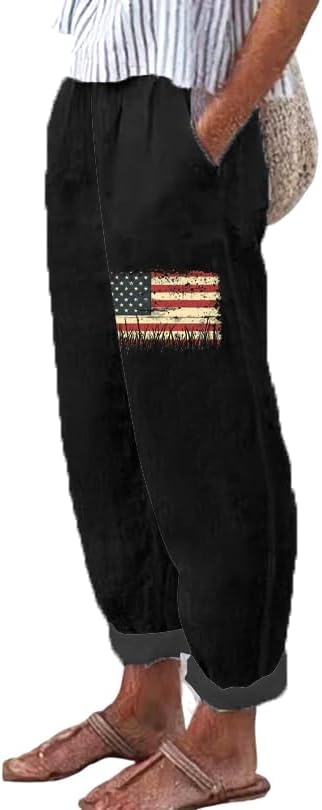 Women's Summer Boho Pant Casual Floral Print Cotton Linen Baggy Pants with Elastic Waist Relax Loose Fit Trouser