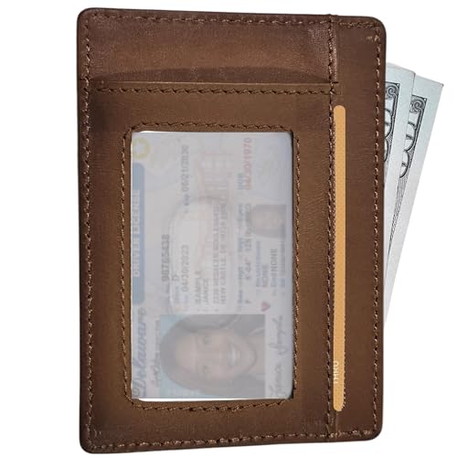 Slim Minimalist RFID Blocking Front Pocket Leather Wallet for Men and Women, Credit Card Holder with ID Window, Ample Storage, Compact Design, CARAMEL2