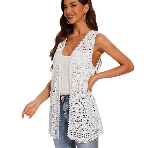Image of Women's Crochet Floral Boho Lace Trim Sleeveless Kimono Open Front Vest Cardigan