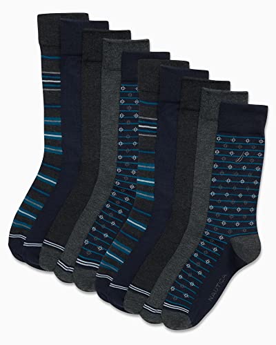 Nautica Men's Dress Socks - Patterned Crew Socks (10 Pack), Size Shoe Size: 6-12.5, Navy Pattern #TOP1