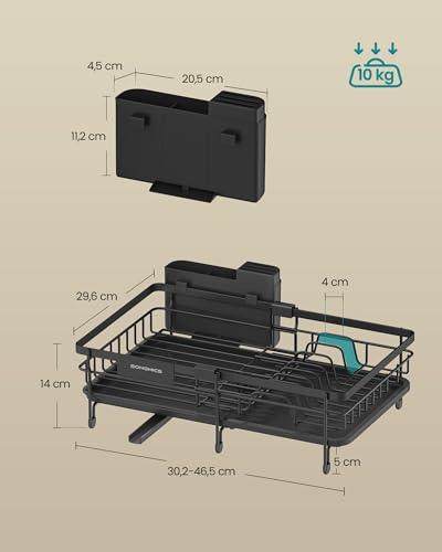 SONGMICS Abtropfgestell Geschirr, für kleine Räume, Geschirr-Abtropfständer ausziehbar, 360° drehbarer und ausziehbarer Ablauf, Stahl, (30,2-46,5) x 29,6 x 14 cm, tintenschwarz KCS556BH01 6