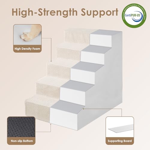 Image of EHEYCIGA Dog Stairs for High Bed 25 inch H, 5-Step Extra Wide Dog Steps for Bed, Pet Steps for Small Dogs and Cats, Non-Slip Balanced Pet Ramp Indoor, Beige