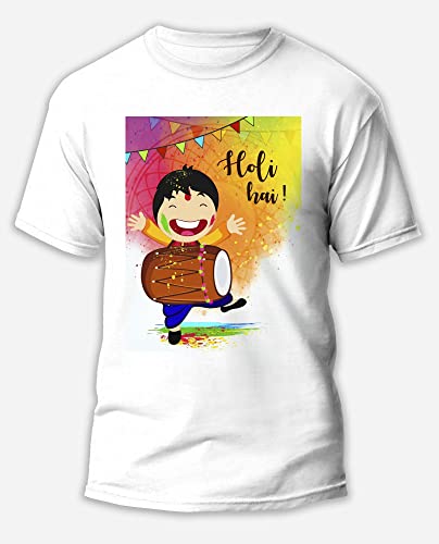 Image of Knitted Polycotton Fabric Regular Fit Men Boys Half Sleeve T-Shirt for Festival of Holi Style 10 White Size : Free