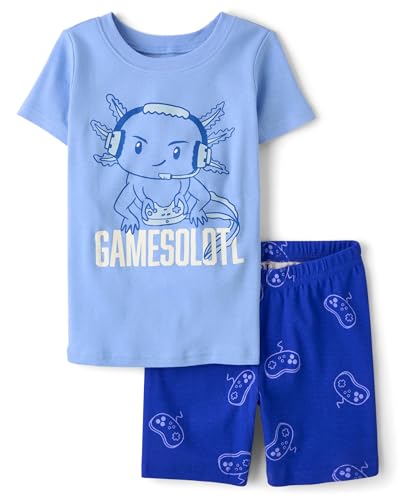 The Children's Place,Boys,100% Cotton Sleeve Top and Shorts 2 Piece Pajama Set,Gamer Axolotyl,5