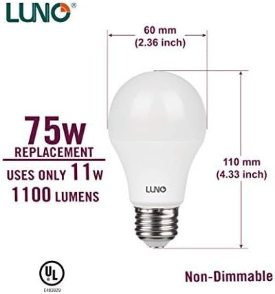 Miniatura 3 de LUNO Bombilla LED A19 no regulable, 11 W (equivalente a 75 W), 1100 lúmenes, 4000 K (blanco neutro), base media (E26), certificado UL (paquete de 6)