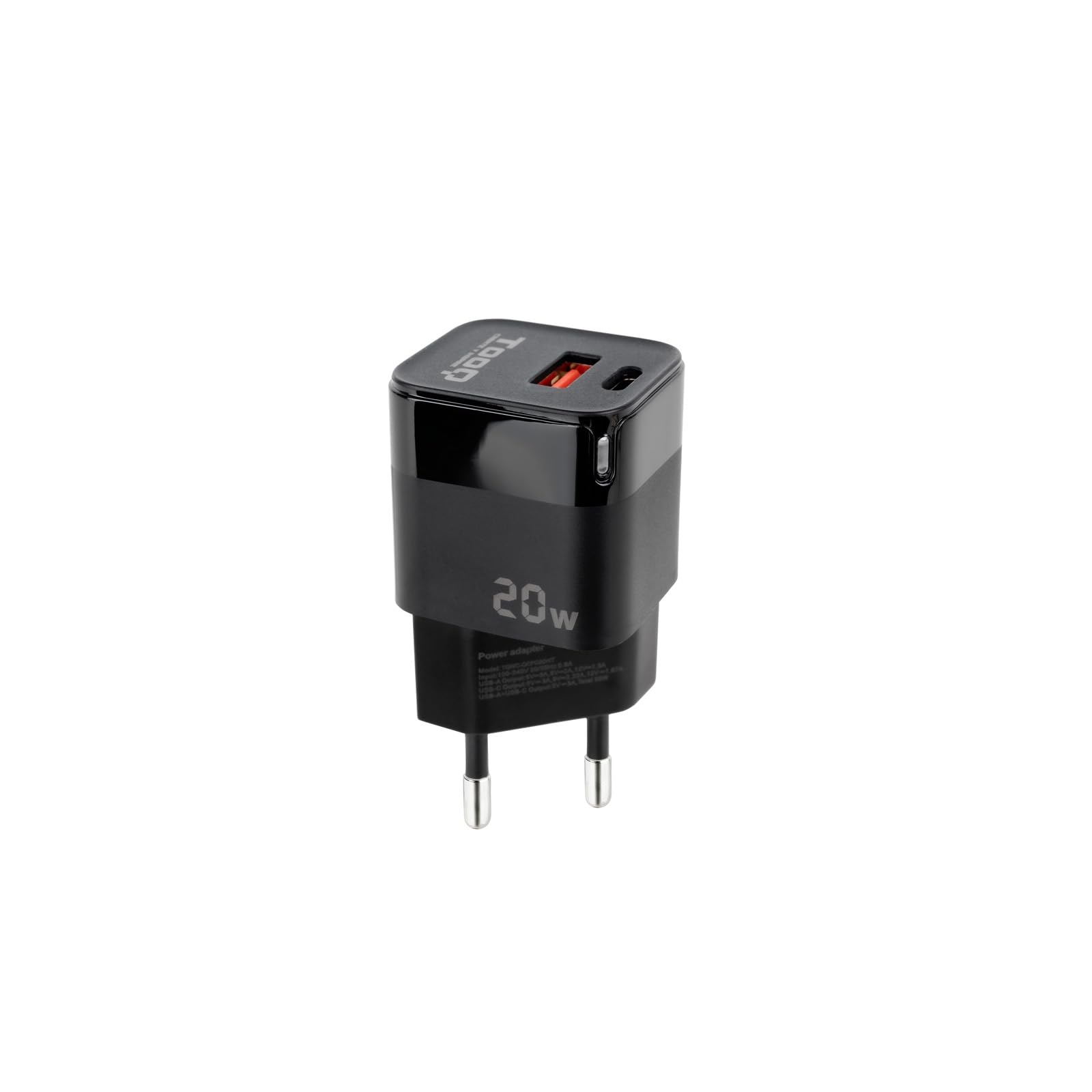 TOOQ USB-C Multiport-Wandladegerät Mit PD Und QC – 20 W, Kompatibel Mit Huawei, Xiaomi, Samsung, Schwarz, Kompakt