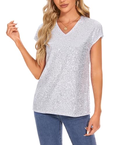 Women's Sparkly Sequin Tops Cap Sleeve Glitter Dressy Blouses V-Neck Club Party Tops3