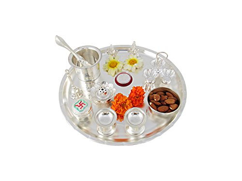 Goldgiftideas 12 Inch Archana Pooja Thali Set With German Silver Coin, Pooja Thali Decorative, Unique Wedding Gift #TOP3