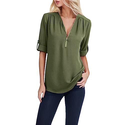 Womens Spring Athletic Fold Over Womans Tops V Neck Casual Solid T Shirts for Women Trendy Loose Fit Cute Trendy 2024 Army Green