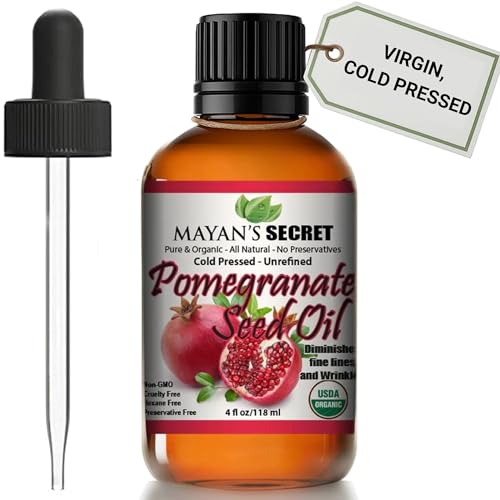 Mayan's Secret USDA Certified Organic Pomegranate Seed Oil for Skin Repair -Large 4oz Glass Bottle Cold Pressed and Pure Rejuvenating Oil for Skin, Hair and Nails