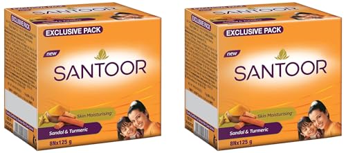 Santoor Sandalwood and Turmeric Bath Soap for Younger Looking and Glowing Skin, Combo Offer, 125 g (Pack of 16)