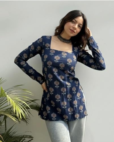 Image of FELISIA Women's Full Sleeves Rayon Printed Square Neck Short Kurti, Bell Sleeves, Short Kurti for Women, Stylish Ethnic Top, Daily Casual Western & Office wear