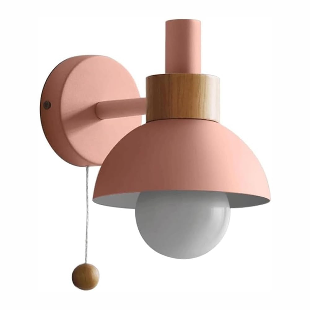 LOGT Retro Wooden Wall Lamp (Indoor) E27 with Switch Metal Wall Light Semi Circular Lampshade Wallspot E27 Bedside Lamp Modern Macaron Lighting Toggle Switch for Living Rooms Hallways Hotels,Pink
