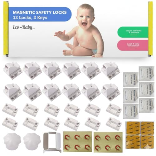 Eco Baby Magnetic Cabinet Locks for Babies - Magnetic Baby Proofing Cabinet Locks, Child Locks for Cabinets Drawers Doors for Back to School - Easy Installation No Tools Required (12 Pack and 2 Keys)