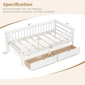 Komfott wood twin kids bed frame with 2 pull out drawers side shelf twin bed frame with fence railings no box spring needed solid wood slats supported daybed for children teens white  urban country home decor