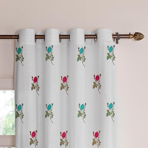 Image of LINENWALAS Printed Decorative Cotton Sheer Curtains 5 Feet Long Set of 2 Panel, Grommet Hanging, Rose Symphony Curtains for Children Room, Living Room, Home Decor (L-8 x W-4.5 Feet)