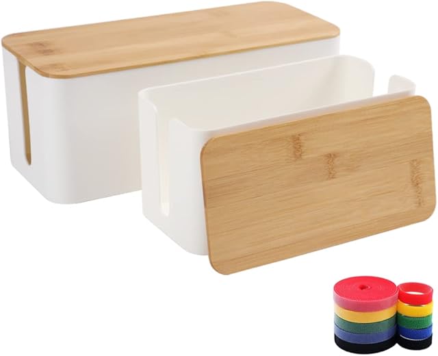 Cable Management Box Organizer, Set of 2 Bamboo Lid Large Storage Wire Holder to Conceal Hide Surge Protector, Power Strips & Cord on Desk Floor - with 5 Cable Tape for Home Office Computer TV USB Hub