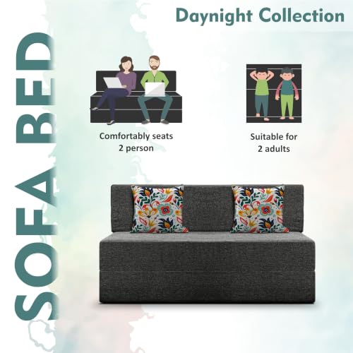 Image of Los Angeles Foldable Two Seater Sofa Cum Bed, Sofa Bed 4 X 6 Feet Jute Fabric Washable Cover- Including Cushion Perfect for Living Room - Black