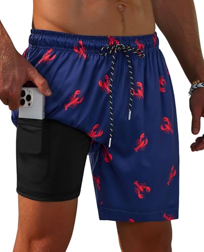 Image of Gleeease 7inch Mens Swim Trunks 2 in 1 with Compression Liner Pockets Drawstring Quick Dry Stretch Lined Funny Beach Pool