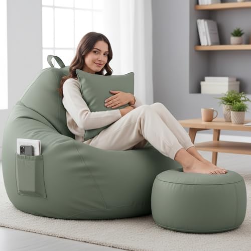 Image of KAM'S LIEU 6XL Luxury Faux Leather Bean Bag with Footrest & Cushion | Pre-Filled High-Density Polystyrene Beans | Premium Leatherette |Teardrop Handle Design | 6 Months Warranty Color- SAGE Green