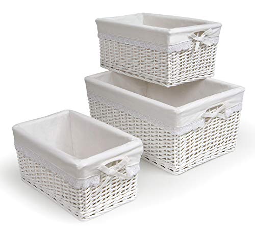 Badger Basket Nesting Wicker Nursery Baskets with Fabric Liner - Set of 3 - White