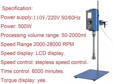 High Speed Homogenizer for Lab, Adjustable 2000-28000rpm, LCD Timer, Dispersant Emulsifier & High Shear Mixer, Perfect for 5-10000ml Samples, Reliable Laboratory Equipment
