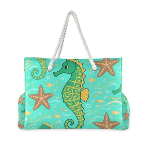 OTVEE Green Seahorses Pattern Beach Bags for Women Ladies Large Canvas Tote Shoulder Bag Waterproof Travel Bags for Gym Swim Pool Camping2