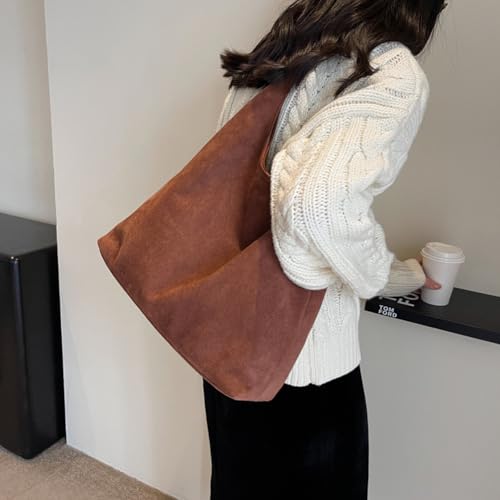 Image of Lushandy Brown Suede Purse Faux Suede Tote Bag Leather Hobo Bags for Women Slouchy Hobo Bag Fall Purse Shoulder Bag