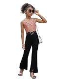 WDIRARA Girl's Color Block Lapel Neck Sleeveless Flare Leg Split Hem Elegant Jumpsuit Multicolor 10Y
