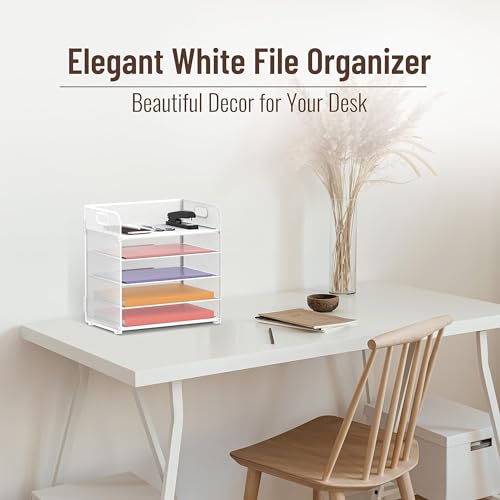 Image of 2 Pack 5-Tier White Desk Organizer with Handle Mesh Desk File /Paper Organizer Letter Tray for Office, School and Home Easy Installation