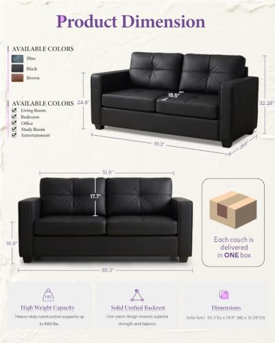 Image of TYBOATLE 65'' Black Faux Leather Loveseat with USB, 2-Seater Living Room