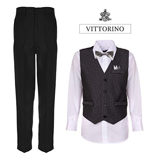 Image of Vittorino Boys 4 Piece Suit Set with Vest, Dress Shirt, Bow Tie, Pants & Pocket Square | Big & Little Kids Formal Apparel