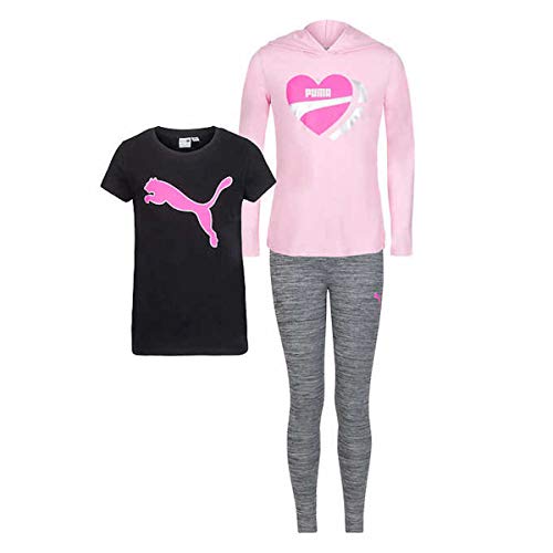 PUMA Little Girl's 3 Piece Active Set, Short Sleeve Shirt, Long Sleeve Hooded Tee, and Legging (Light Pink, XX-Small-3/4)
