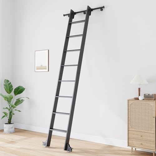 Image of Fredbeck 9ft Black Library Aluminium Step Ladder 108 inch and 4FT Sliding Track | Rolling rollers,Bottom Wheel Included,for Kitchen,Loft,Warehouses,Bookstore,Atti,Dressing Room,Metal