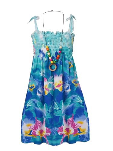 Kids Girls Bohemian Dresses Floral Sleeveless Rainbow Beach Sundress with Necklace