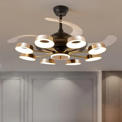 Image of Glowave 8 Light Glass Black Chandelier Fan 42 Inch Retractable Blades Remote Control - Tricolour | Warm White, White, Natural White | (FI 1183 Bk)