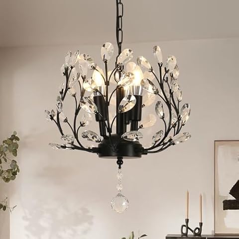 AUA Small Crystal Chandelier, 3-Light Dining Room Light Fixture, Vintage Mini Chandelier, Black Hanging Light Fixture, Modern Farmhouse Lighting for Bathroom Kitchen Living Room Bedroom, E12 Cover