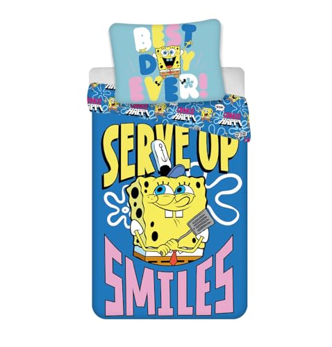 BrandMac Parure de lit Bob l’Éponge Serve up Smiles – Housse de Couette 135x200 cm + Taie d'oreiller 80x80 cm – 100% Coton