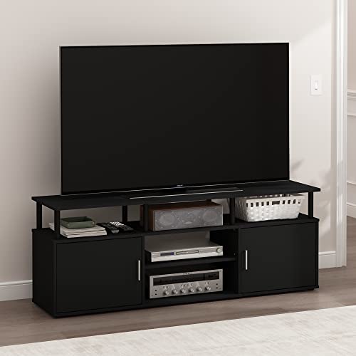 Image of Furinno Jensen Entertainment Center Stand for TV up to 70 Inch, Plastic Pole, Americano /Black