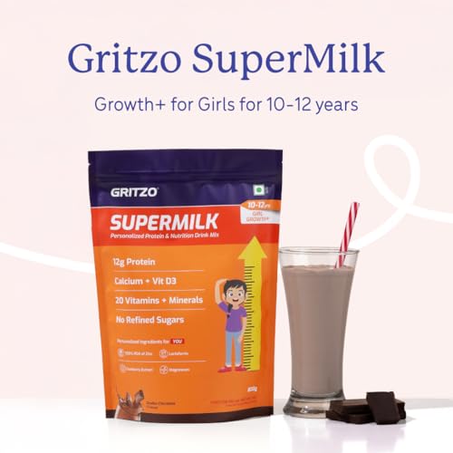 Image of Gritzo SuperMilk Growth+ (10-12y Girl), Double Chocolate, 800g | 12g Protein with 20 Vitamins & Minerals | Zero Refined Sugar