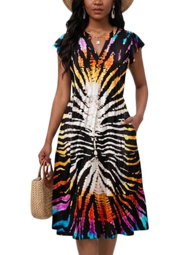 Image of Womens Summer Dress Ruffle Sleeve V Neck Midi Dresses Casual Fit Flowy Tiered Boho Beach Vacation Sundress