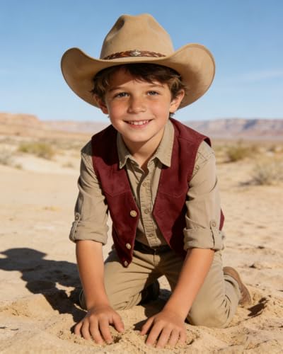 Image of Retro Boys Western Cowboy Vest for Kids Leather Suede Waistcoat | vintage dress vests, welt pockets, v-neck, adjustable waist, formal slim fit, wedding outfit, farm christmas birthday prom