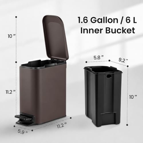 Image of TIPGO Small Bathroom Trash Can with Lid, 1.6 Gal, Soft Close, Brown | Foot Pedal, Soft Quiet Lid, 5.9'' Slim for Narrow Space, Stainless Steel, Anti-fingerprint, Removable Inner Bucket, Odor Seal